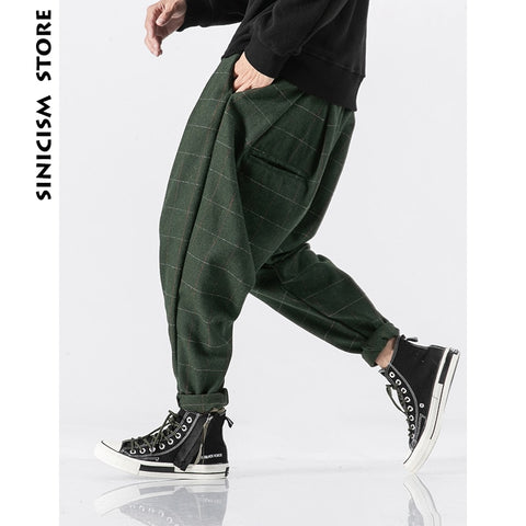 Sinicism Store Men Plaid Joogers Pants 2020 Mens Wool Thick Japanese Streetwear Harem Pants Male Vintage Sweatpants Trouser 5XL