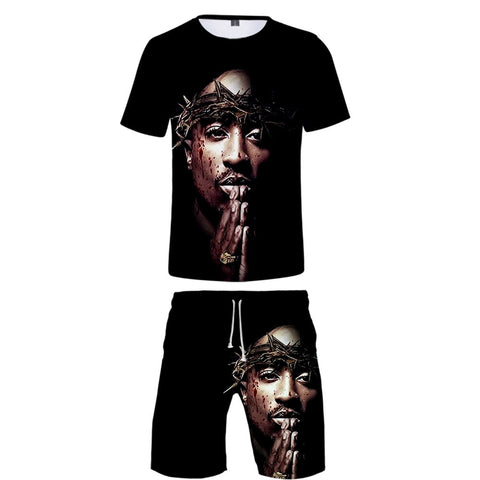 TUPAC Two Piece Set 3D Printing Casual Short Sleeve Tshirt Shorts Sets 2020 Hiphop Kpops Round Collar Beach Shorts