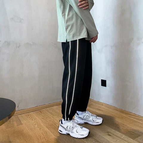 Summer thin casual pants men's loose ins trend Hong Kong style solid color waisted nine-point pants reflective two-bar pants