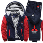 Hoodies Men Mitsubishi Car Logo Mens Hoodies Suit Winter Thicken Warm Fleece cotton Zipper Tracksuit Mens Jacket+Pants 2Pcs Sets